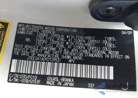 2009 Toyota Highlander из США, поврежденный, VIN JTEES41A092129531